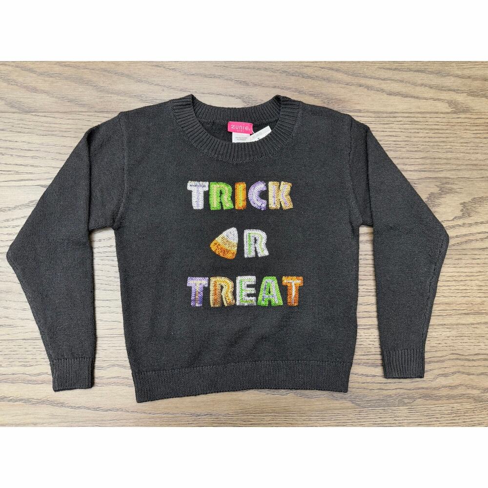 NWT Zunie Girls Halloween Sweater XS 4/5 Black Sequin Trick or Treat Candy Corn